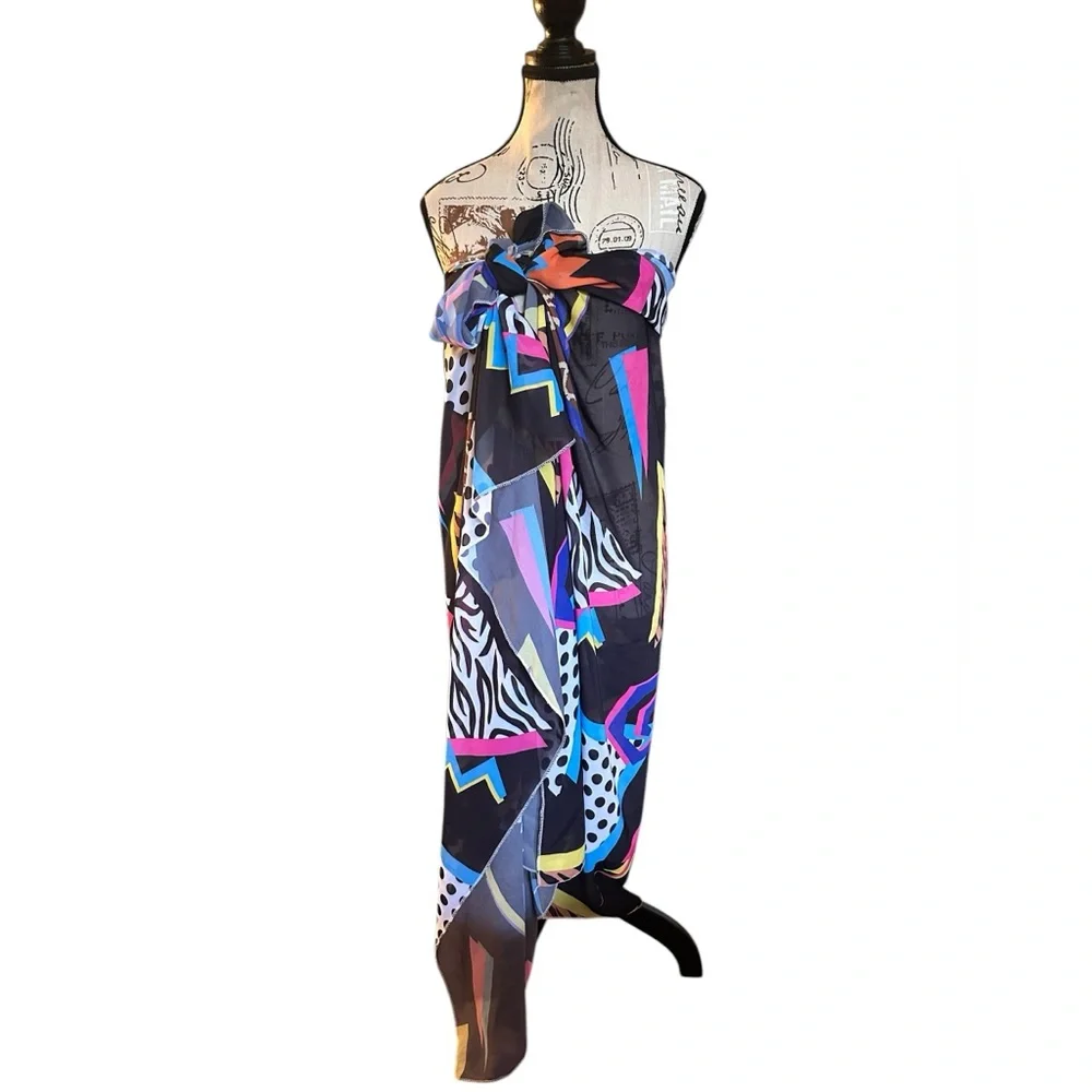 Abstract Geometric Sheer Scarf Wrap Sarong Animal Print Festival Shawl Pareo 80s